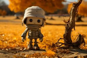 a small toy stands in the middle of a field of autumn leaves generative ai photo