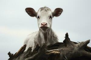 un pequeño blanco vaca en pie en parte superior de un Iniciar sesión generativo ai foto