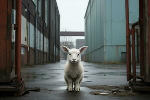 a small white lamb standing in an alleyway generative ai photo