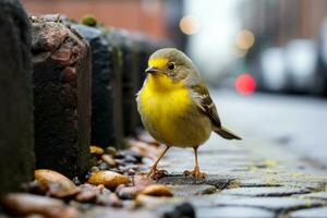 un pequeño amarillo pájaro es en pie en el lado de el la carretera generativo ai foto