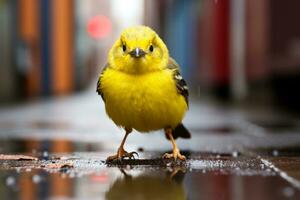 un pequeño amarillo pájaro en pie en un mojado acera generativo ai foto