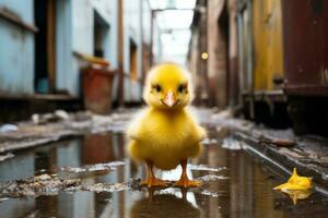 un pequeño amarillo Pato en pie en un charco de agua generativo ai foto