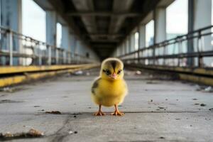 un pequeño amarillo Pato en pie en frente de un puente generativo ai foto