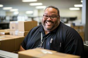 un sonriente hombre en un negro camisa y lentes se sienta en frente de un apilar de cajas generativo ai foto