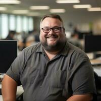 a smiling man in a gray shirt and glasses sitting at a desk generative ai photo