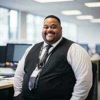 a smiling man in a suit and tie in an office generative ai photo