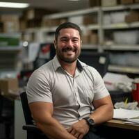 a smiling man sitting at a desk in an office generative ai photo