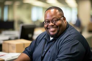 a smiling man in a blue shirt sitting at a desk generative ai photo