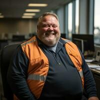 un sonriente hombre en un naranja chaleco sentado en un oficina generativo ai foto