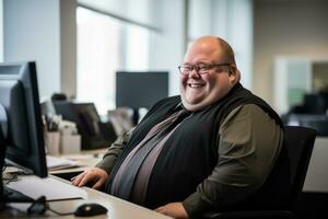 a smiling man sitting at a desk in front of a computer generative ai photo