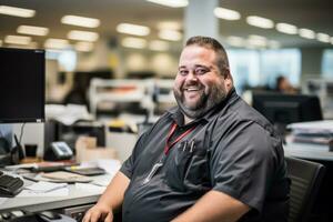 a smiling man sitting at a desk in an office generative ai photo