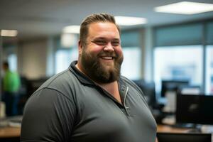 un sonriente hombre con un barba en un oficina generativo ai foto