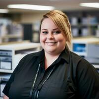 a smiling woman in a black shirt in an office generative ai photo