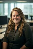 a smiling woman in a black shirt sitting at a desk generative ai photo