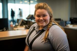 a smiling woman in a blue shirt sitting at an office desk generative ai photo