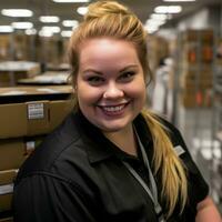 a smiling woman in an amazon warehouse photo