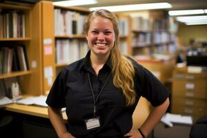 a smiling woman in a library generative ai photo