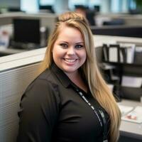 a smiling woman in an office cubicle generative ai photo