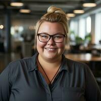 a smiling woman in an office wearing glasses generative ai photo