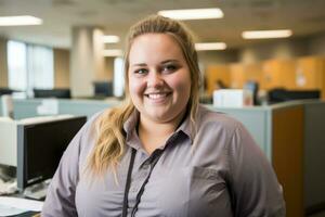 a smiling woman in an office setting generative ai photo