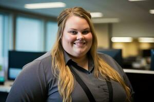 a smiling woman in an office wearing a black shirt generative ai photo
