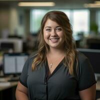 a smiling woman in an office wearing a black shirt generative ai photo