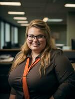 un sonriente mujer en un oficina vistiendo lentes y un naranja Corbata generativo ai foto