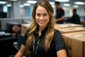 un sonriente mujer en un oficina con pilas de cajas generativo ai foto