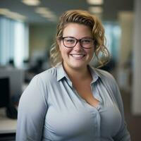 a smiling woman in glasses standing in an office generative ai photo