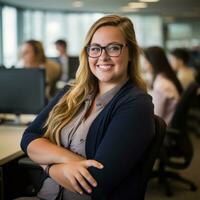 a smiling woman in glasses sitting at a desk in an office generative ai photo