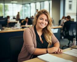 a smiling woman sitting at a desk in an office generative ai photo