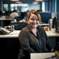 a smiling woman sitting at a desk in an office generative ai photo