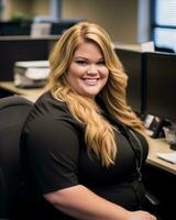 a smiling woman sitting at a desk in an office generative ai photo