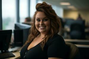 a smiling woman sitting at a desk in an office generative ai photo