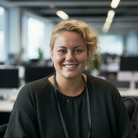 a smiling woman sitting at a desk in an office generative ai photo