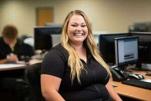 a smiling woman sitting at a desk in an office generative ai photo