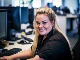 a smiling woman sitting at a desk in front of a computer generative ai photo