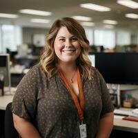 a smiling woman standing in front of a desk in an office generative ai photo