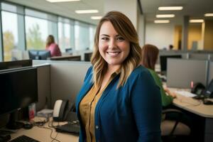 a smiling woman standing in front of a desk in an office generative ai photo