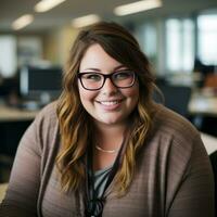 a smiling woman wearing glasses in an office setting generative ai photo