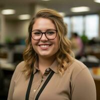 un sonriente mujer vistiendo lentes en un oficina generativo ai foto