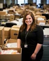 a smiling woman standing in front of a large pile of boxes generative ai photo