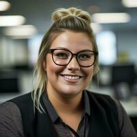 a smiling woman wearing glasses in an office generative ai photo