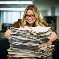 a smiling woman with glasses sitting in front of a pile of papers generative ai photo
