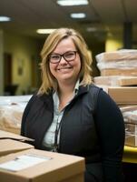 a smiling woman with glasses standing in front of boxes generative ai photo