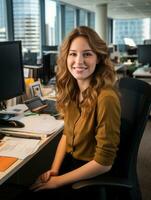 a smiling young woman sitting at a desk in an office generative ai photo
