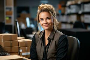 a smiling young woman sitting at a desk in front of boxes generative ai photo