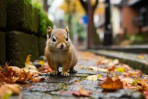 a squirrel is standing on the side of the road generative ai photo