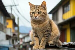 a striped cat sitting on top of a building generative ai photo
