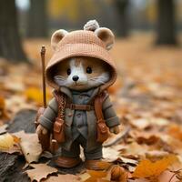 a stuffed animal wearing a coat and hat in the fall generative ai photo